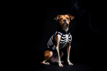 A dog sits proudly wearing a skeleton-themed hoodie. The dark background highlights the costume, creating a playful and festive atmosphere for Halloween. The dog looks curious and attentive