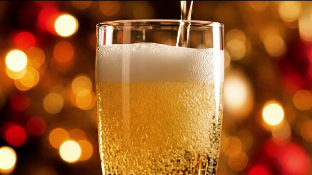Golden beverage is poured into a glass, capturing the effervescent bubbles and festive ambiance, with a gradual zoom in on the sparkling drink, enhancing the holiday spirit
