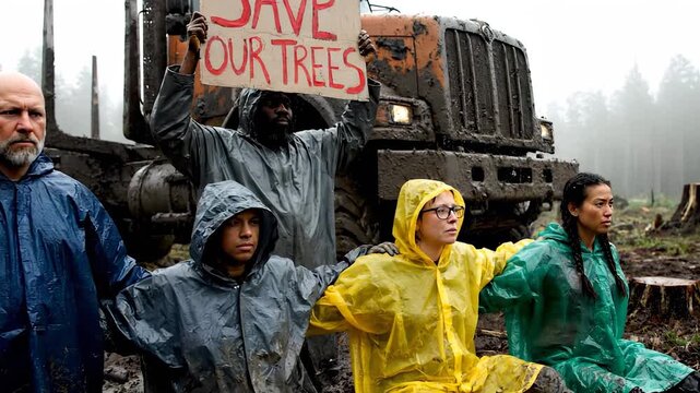 protester and activist hold sign in front of truck. logging operation near forest with stump and mud. raincoat group forms blockade around vehicle while people link arm in line. sign reads stop.