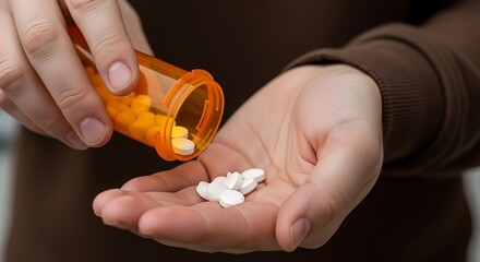 Close up of a person s hand pouring white pills from an orange prescription bottle into their palm