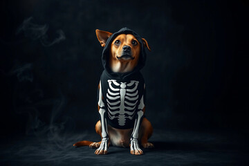 A small dog wears a black hoodie featuring a skeleton design, posing confidently. The backdrop is dark, creating a spooky atmosphere perfect for Halloween celebrations