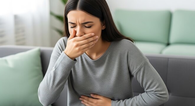 Young woman feeling nauseous and unwell sitting on a sofa with hand covering her mouth