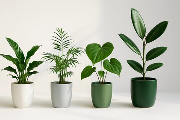 Obraz premium Four potted plants in a row against white backdrop