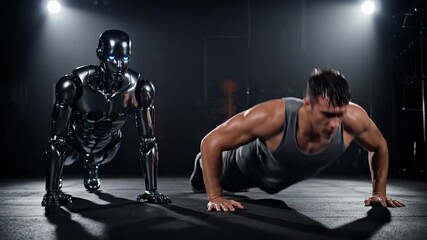man and robot perform pushup exercise side by side on gym mat. workout targets muscle and strength during training session. fitness routine uses core chest arm tricep for performance. endurance build. - Powered by Adobe