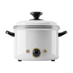 A white pot with a black handle sits on a white background