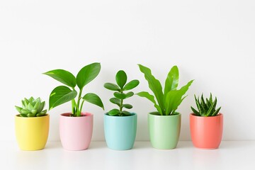 Obraz premium Five potted plants on a white shelf in soft light