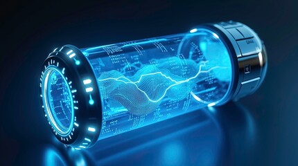 futuristic Glowing energy capsule designed with advanced sci fi aesthetic metallic wires, and illuminated filaments highlighting vintage electronic engineering design