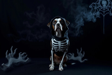 A dog dressed in a skeleton outfit sits confidently against a dark background. Smoke and ghostly hands create a spooky Halloween atmosphere during the night