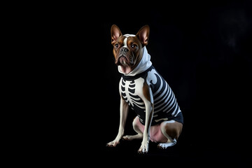 A playful dog dressed in a black and white skeleton outfit sits calmly against a dark backdrop. This festive scene captures the spirit of Halloween and showcases the dog's unique costume