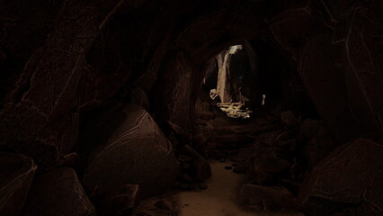 Deep within the cave, shadows dance on rough walls as a soft glow illuminates the path ahead. Stones scatter across the floor, beckoning adventurers to explore further into the darkness.