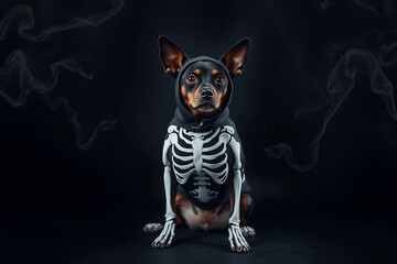A small dog is wearing a skeleton costume, posing calmly against a dark background. The setting has a spooky vibe, perfect for Halloween or themed events