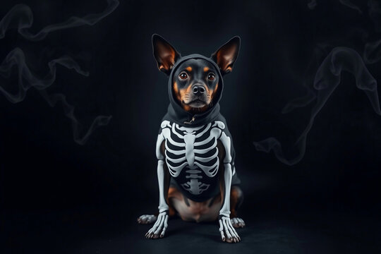 A small dog is wearing a skeleton costume, posing calmly against a dark background. The setting has a spooky vibe, perfect for Halloween or themed events