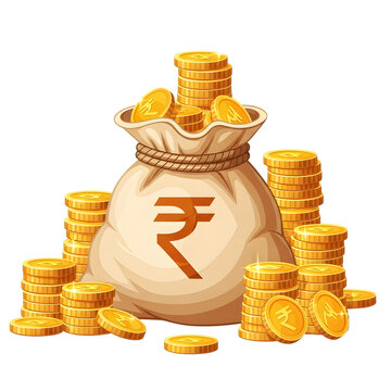 Money bag with indian rupees coins and stacks isolated on transparent background