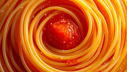 Overhead Close Up of Spaghetti Nest with Tomato Sauce Swirl