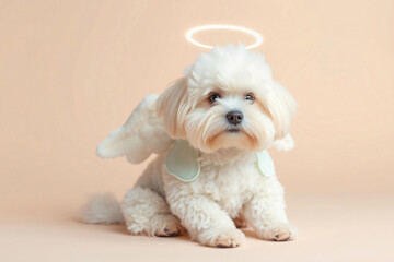 A fluffy white dog sits calmly on a soft pastel-colored surface, wearing angel wings and a halo. The playful scene showcases the dog's adorable expression, creating a joyful atmosphere