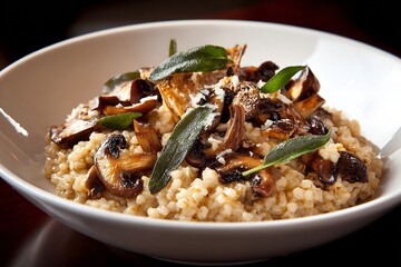 Naklejka premium Contemporary Turkish bulgur risotto wild mushrooms truffle oil and crispy sage served gourmet fine dining style professional food photo left to right