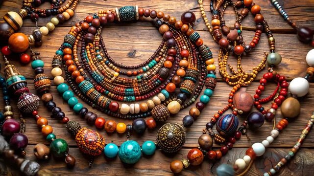 Colorful beaded necklaces on rustic wooden table
