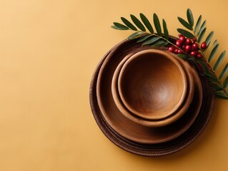 Three wooden bowls arranged with green leaves and red berries on a yellow background, ideal for food presentation or decoration.