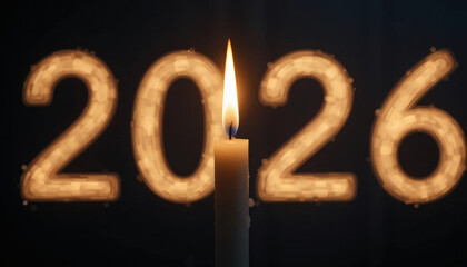 A candle being lit in the darkness, with faint glowing numbers ‘2026’ in the background, symbolizing light, hope, and rebirth