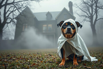 A dog wears a white cloak while sitting on wet grass in front of an old, spooky house during foggy weather. The scene captures an eerie yet charming vibe in the evening light