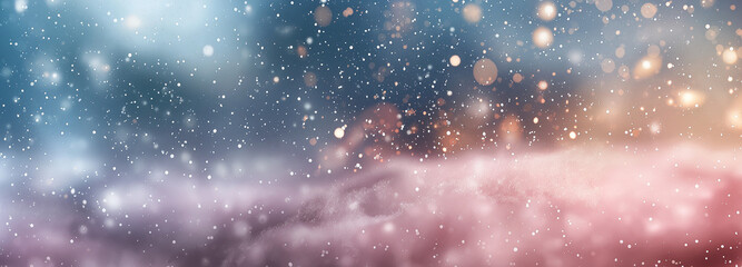 Christmas winter blurred dreamy background, Christmas tree decorated with garland lights and snowflakes, festive celebration atmosphere background, widescreen backdrop. New Year art design, widescreen