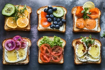 A colorful breakfast toast variety adorned with fresh ingredients and artistic garnishes, beautifully displayed on a dark surface for visual impact.