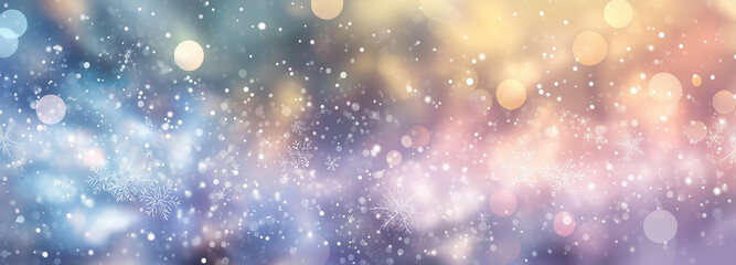 Christmas winter blurred dreamy background, Christmas tree decorated with garland lights and snowflakes, festive celebration atmosphere background, widescreen backdrop. New Year art design, widescreen