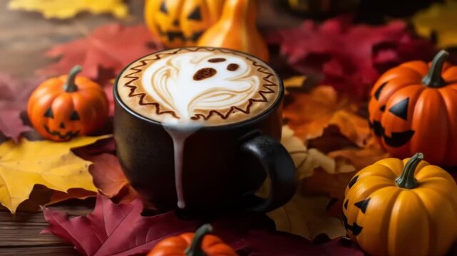 Cozy Halloween coffee with festive ghost latte art surrounded by carved pumpkins and autumn leaves evokes warm fall vibes