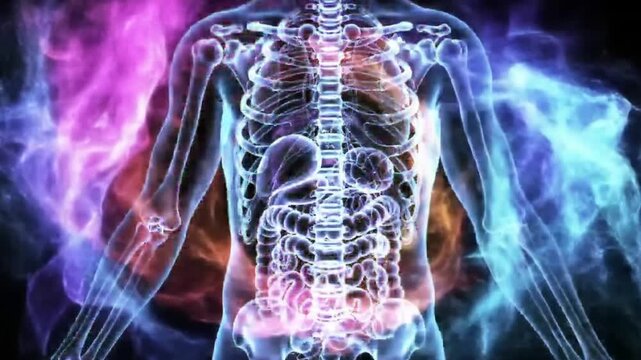 An artistic illustration depicting a human body, focusing on the skeletal and internal organ systems. The artwork features vibrant, colorful energy patterns overlaying the anatomical structure