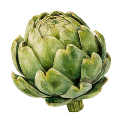 Fototapeta premium A lovely watercolor illustration of a fresh green globe artichoke isolated on a solid black background,