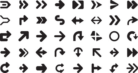 Arrow icon set Collection of black glyph direction symbols Navigation pointer and web signs for UI and UX design Vector flat illustration