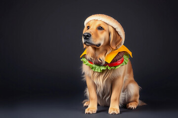 A golden retriever sits proudly wearing a burger hat and colorful costume with lettuce and tomato details. The studio background emphasizes the fun and playful theme