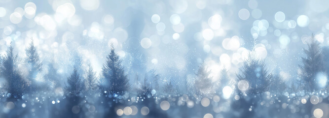 Christmas winter blurred dreamy background, Christmas tree decorated with garland lights and snowflakes, festive celebration atmosphere background, widescreen backdrop. New Year art design, widescreen