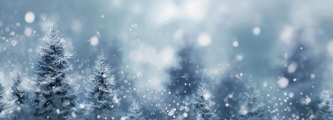 Christmas winter blurred dreamy background, Christmas tree decorated with garland lights and snowflakes, festive celebration atmosphere background, widescreen backdrop. New Year art design, widescreen