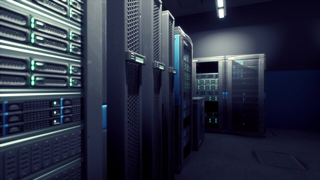 Rows of sleek servers line the walls of a cutting edge data center, illuminated by soft blue lights.