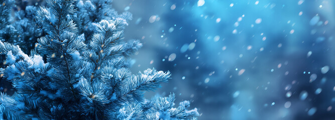 Christmas winter blurred dreamy background, Christmas tree decorated with garland lights and snowflakes, festive celebration atmosphere background, widescreen backdrop. New Year art design, widescreen