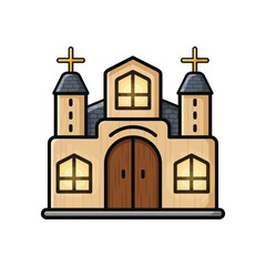 Outline Icon: Simple Rural Church Building with Steeples for Wedding or Baptism Ceremony Art
