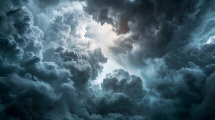 Dramatic dark storm clouds in a turbulent sky. Epic cloudscape with sunlight breaking through. Aerial view of an atmospheric weather background