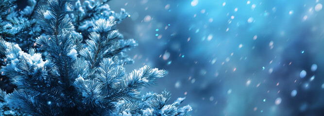 Christmas winter blurred dreamy background, Christmas tree decorated with garland lights and snowflakes, festive celebration atmosphere background, widescreen backdrop. New Year art design, widescreen