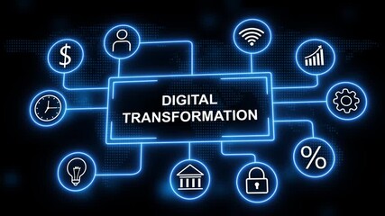 Digital Transformation Diagram with Icons and World Map Background technology business - Powered by Adobe