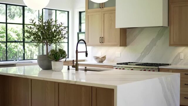 A luxurious modern kitchen with a white quartz waterfall island, light wood cabinets, and large windows showcasing an elegant home interior design