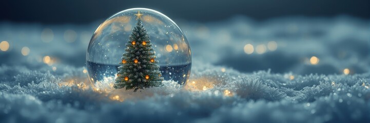 A snow globe displays a miniature Christmas tree adorned with lights, set against a blurred, wintry background. Concept of holiday magic, festive cheer, and cozy winter memories.