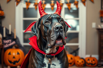 A dog wears a red cape and devil horns, sitting in a festive room decorated for Halloween. The background features carved pumpkins and holiday decorations