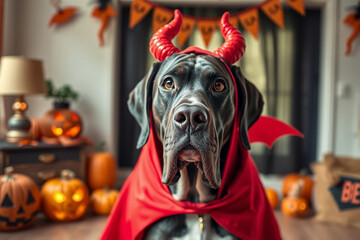 A great dane is wearing red devil horns and a matching cape, surrounded by decorated pumpkins and eerie Halloween decorations in a cozy indoor space