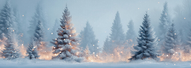 Christmas winter blurred dreamy background, Christmas tree decorated with garland lights and snowflakes, festive celebration atmosphere background, widescreen backdrop. New Year art design, widescreen
