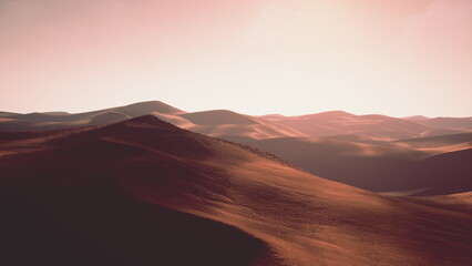 Naklejka premium Golden light bathes the vast sand dunes as the sun sets in the desert. Soft curves of the land create a tranquil scene, inviting peace and reflection in the fading daylight.