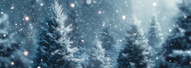 Christmas winter blurred dreamy background, Christmas tree decorated with garland lights and snowflakes, festive celebration atmosphere background, widescreen backdrop. New Year art design, widescreen