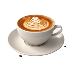 A close up of a cup of coffee with latte art on a white saucer plate transparent background, png