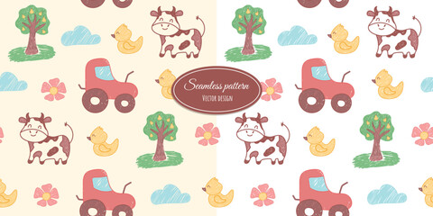 Children's fashion seamless pattern, pencil drawing, hand-drawn sketch. Vector farm design, pencil drawing for children's bedding, fabrics, wallpaper, wrapping paper, and more.