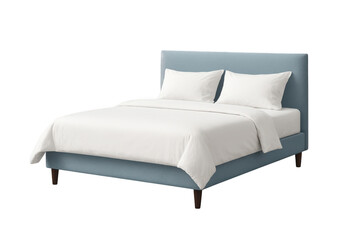 Comfortable modern bed with light blue frame and white bedding